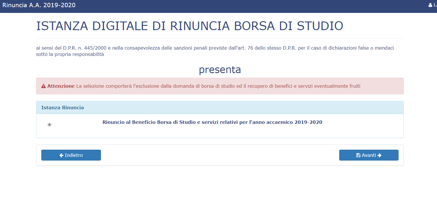 Rinuncia borsa di studio - presentazione istanze digitali