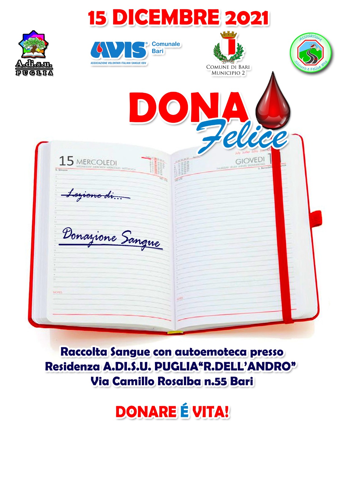 Il 15 dicembre raccolta sangue presso il Collegio DellAndro a Bari