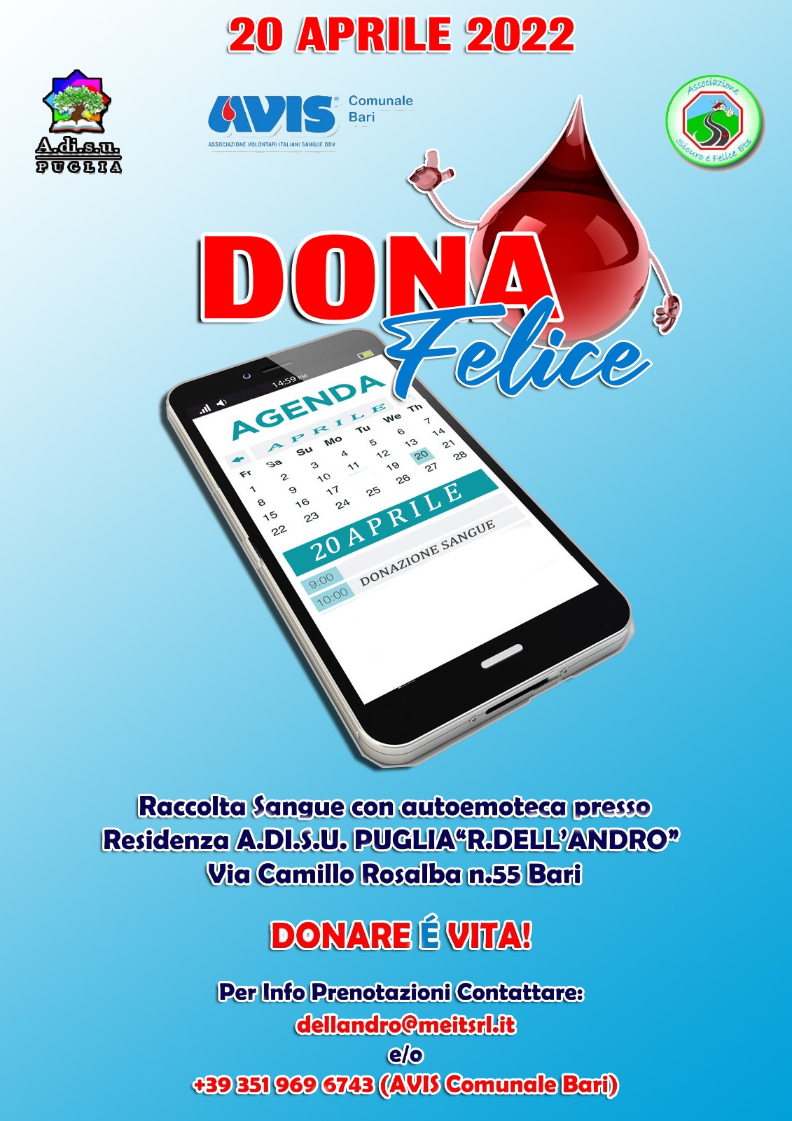 Il 20 aprile raccolta sangue presso il collegio ADISU Dell\'Andro a Bari